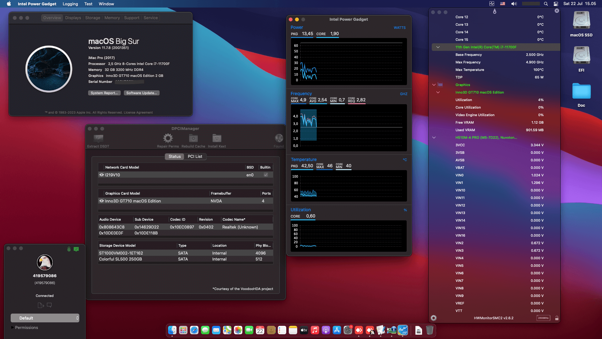 Success Hackintosh macOS Big Sur 11.7.8 Build 20G1351 in MSI H510M-A Pro + Intel Core i7 11700F + Inno3D GT710